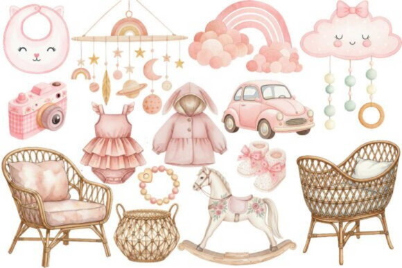 Kit Digital Chá de Bebê Boho Rosa Aquarela Png