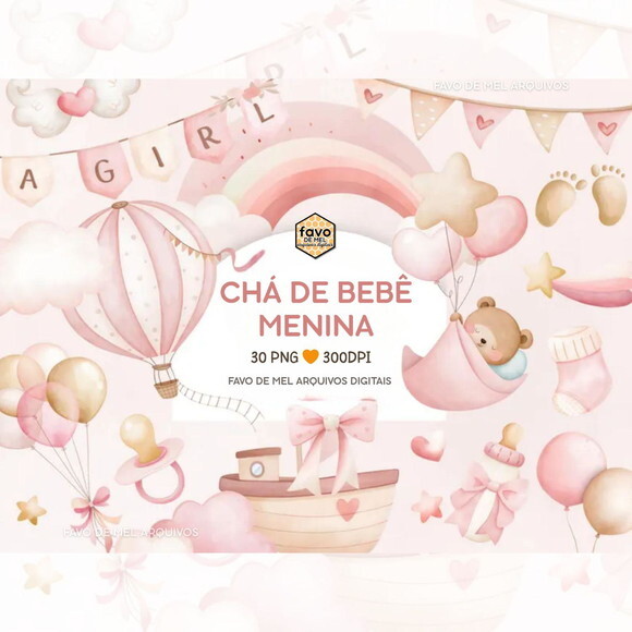 Kit Digital Chá de Bebê Menina Aquarela Premium Png