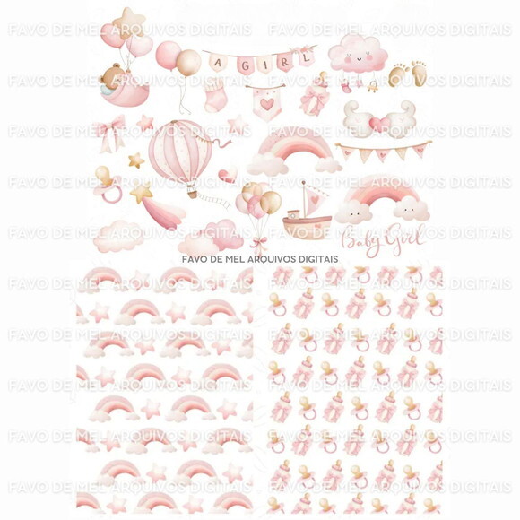 Kit Digital Chá de Bebê Menina Aquarela Premium Png