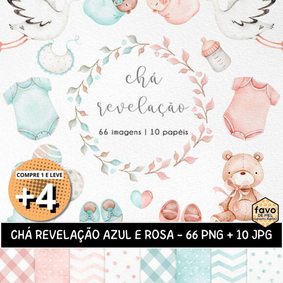 Kit Digital Chá Revelação Aquarela - Azul e Rosa