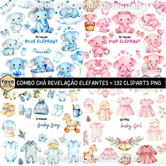 Kit Digital Chá Revelação Elefantinhos - Combo 4 Kits Png