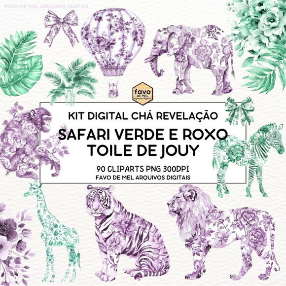 Kit Digital Chá Revelação Safari Toile Verde e Roxo Png