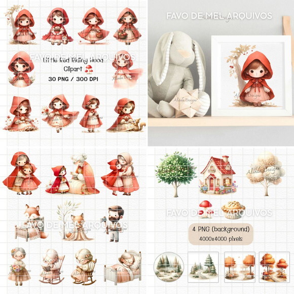 Kit Digital Chapeuzinho Vermelho Aquarela 04 Png Premium