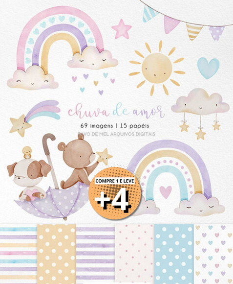 Kit Digital Chuva de Amor Aquarela 02 (pague 1 Leve +4)
