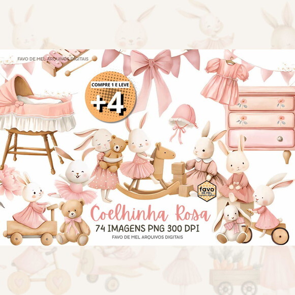 Kit Digital Coelhinha Rosa Aquarela Png (pague 1 Leve +4)