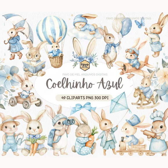 Kit Digital Coelhinho Azul Aquarela Premium Png