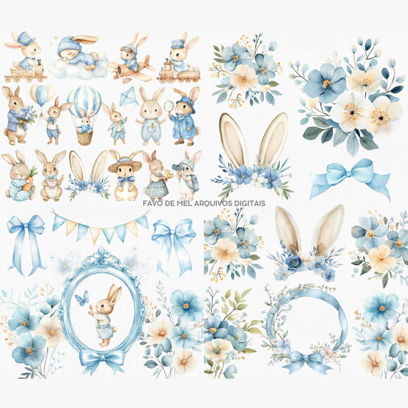 Kit Digital Coelhinho Azul Aquarela Premium Png