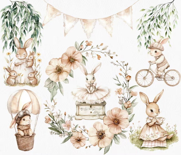Kit Digital Coelhinhos Vintage Aquarela Png