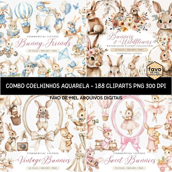 Kit Digital Combo Ilustrações Coelhinhos Aquarela Premium