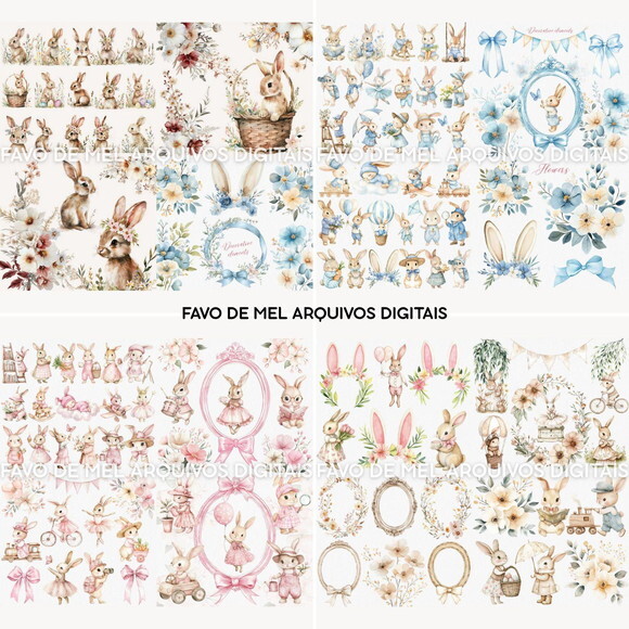 Kit Digital Combo Ilustrações Coelhinhos Aquarela Premium