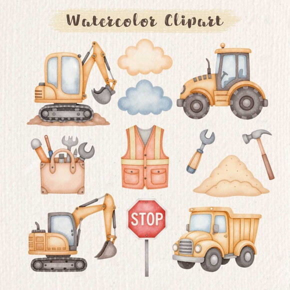 Kit Digital Construção Aquarela #11 Máquinas e Ferramentas