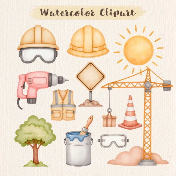 Kit Digital Construção Aquarela #11 Máquinas e Ferramentas