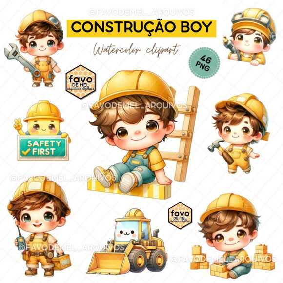 Kit Digital Construção Aquarela 03 - Cute Construction Boy