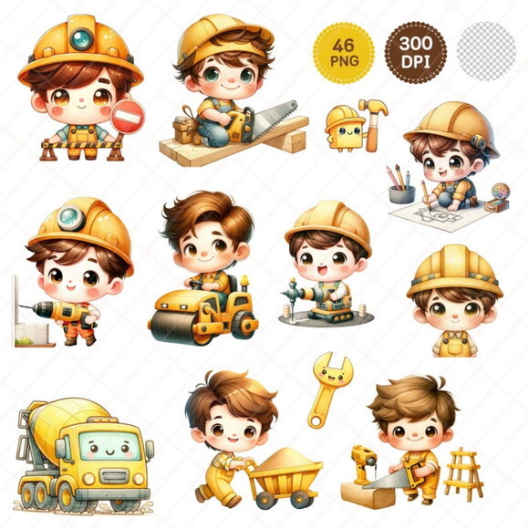 Kit Digital Construção Aquarela 03 - Cute Construction Boy