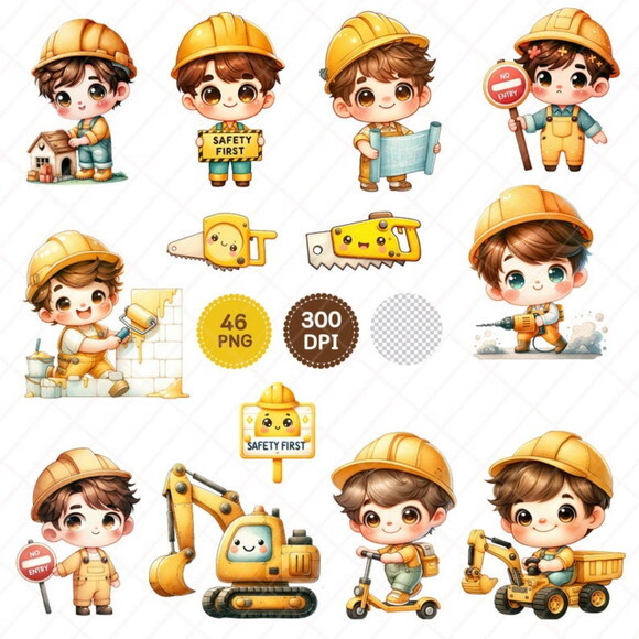 Kit Digital Construção Aquarela 03 - Cute Construction Boy
