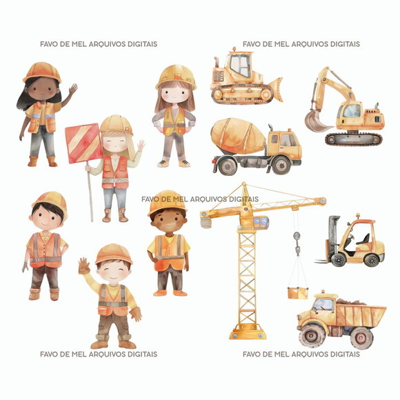 Kit Digital Construção Aquarela 09 - Construtores e Máquinas