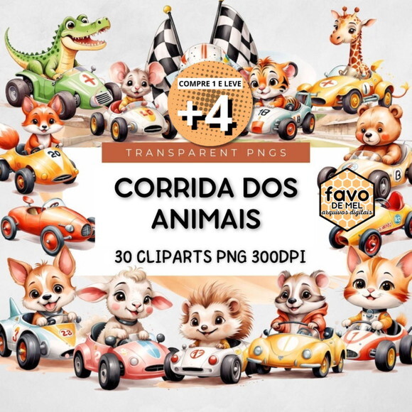 Kit Digital Corrida dos Animais Fórmula 1 Aquarela Png