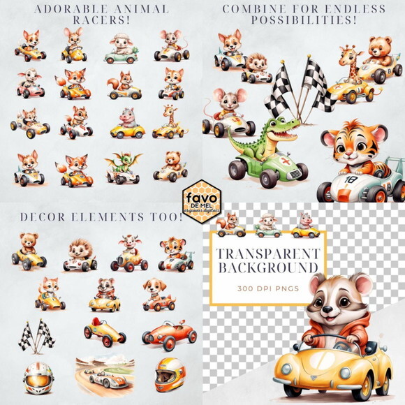 Kit Digital Corrida dos Animais Fórmula 1 Aquarela Png