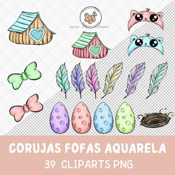 Kit Digital Corujas Fofas Aquarela - Cute Owl