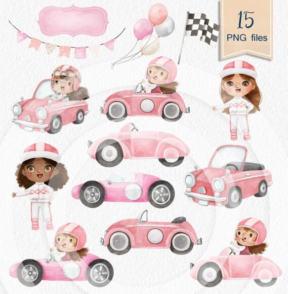 Kit Digital Corrida Rosa - Fórmula 1 Meninas Aquarela Png