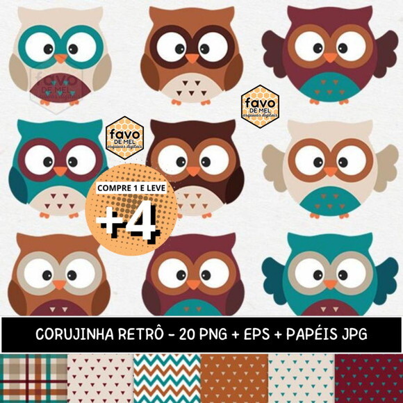 Kit Digital Corujinha Retrô | Elementos e Papéis