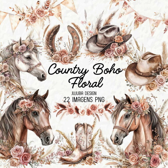 Kit Digital Country Boho Floral - Cavalo Aquarela
