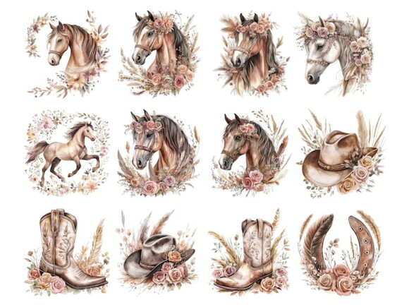 Kit Digital Country Boho Floral - Cavalo Aquarela