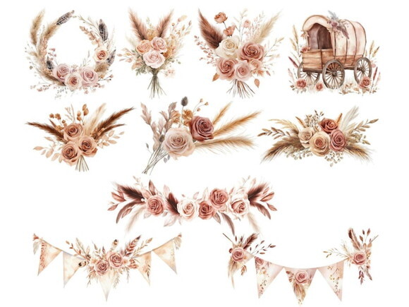 Kit Digital Country Boho Floral - Cavalo Aquarela
