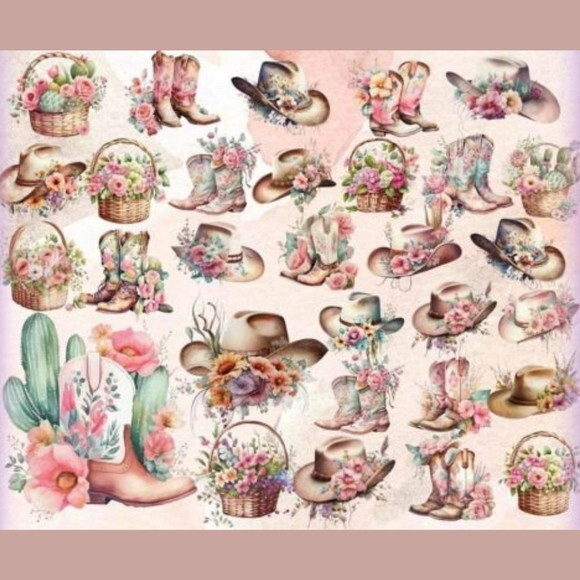 Kit Digital Country Floral Aquarela - Westternn Cowgirl
