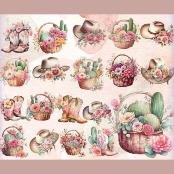 Kit Digital Country Floral Aquarela - Westternn Cowgirl