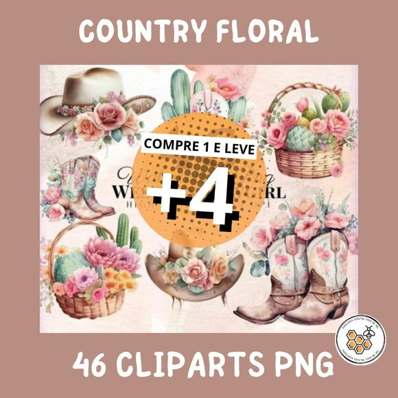 Kit Digital Country Floral Aquarela - Westternn Cowgirl