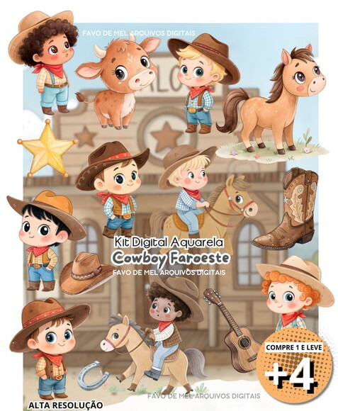 Kit Digital Cowboy #20 Faroeste Aquarela Png (pague 1 Leve 5