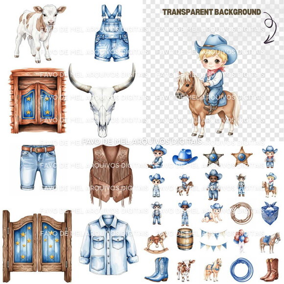 Kit Digital Cowboy Aquarela #14 Cowboy Azul Png Premium