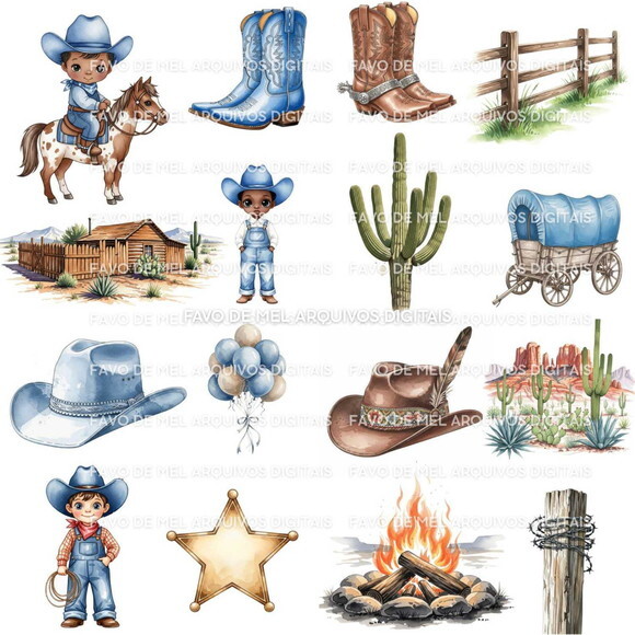 Kit Digital Cowboy Aquarela #14 Cowboy Azul Png Premium