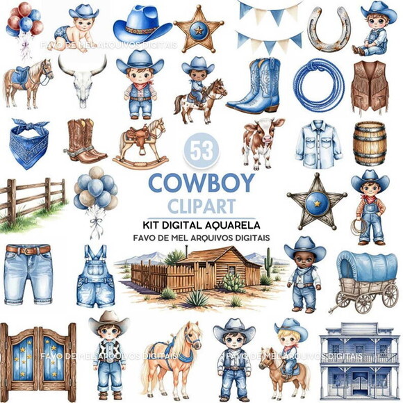 Kit Digital Cowboy Aquarela #14 Cowboy Azul Png Premium