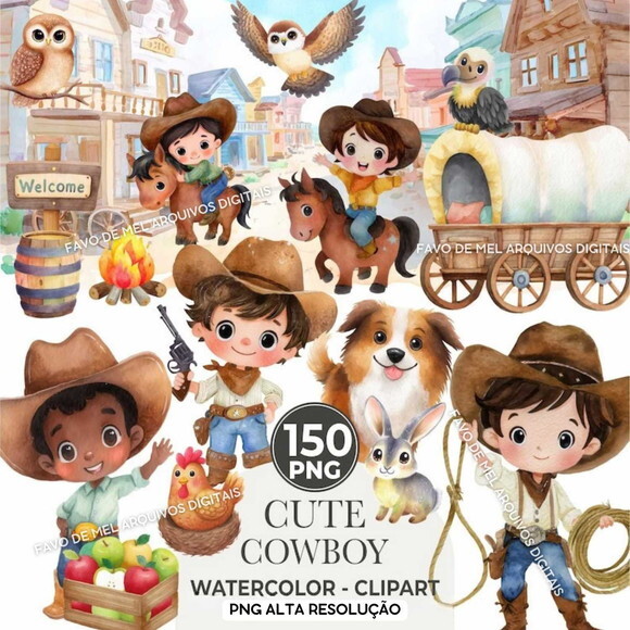 Kit Digital Cowboy Aquarela #18 Vaqueiro Cute Png