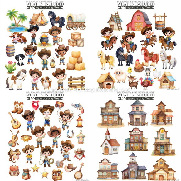 Kit Digital Cowboy Aquarela #18 Vaqueiro Cute Png