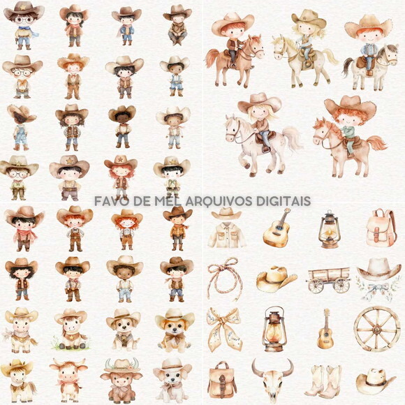 Kit Digital Cowboy Aquarela #19 Vaqueiro Cute Png