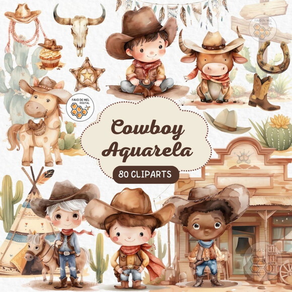 Kit Digital Cowboy Aquarela #3 Png Premium
