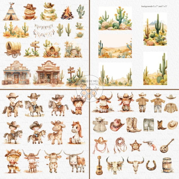 Kit Digital Cowboy Aquarela #3 Png Premium