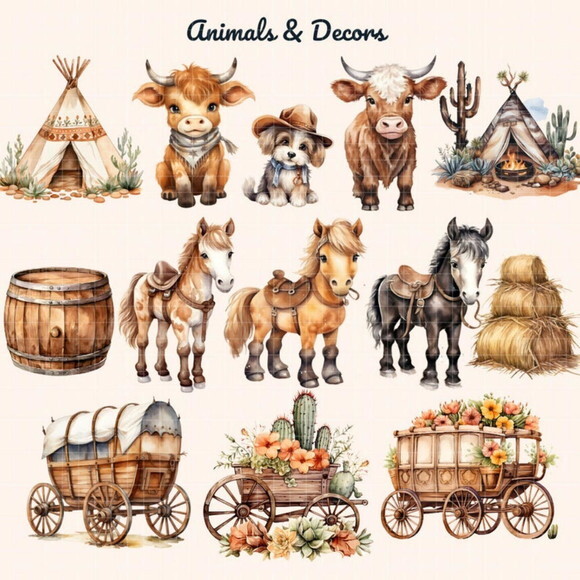Kit Digital Cowboy Aquarela #2 Png Premium