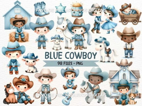 Kit Digital Cowboy Aquarela #7 Cowboy Azul Png Premium