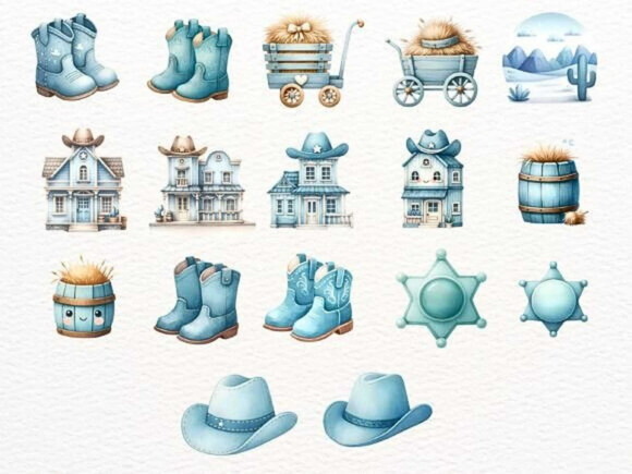 Kit Digital Cowboy Aquarela #7 Cowboy Azul Png Premium