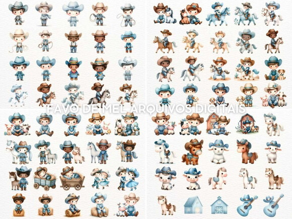 Kit Digital Cowboy Aquarela #7 Cowboy Azul Png Premium