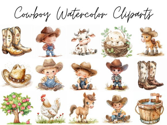 Kit Digital Cowboy Aquarela #8 (pague 1 Leve 5) Png