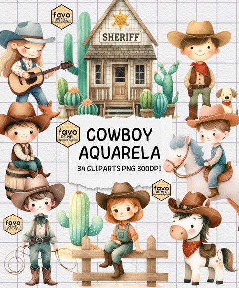 Kit Digital Cowboy e Cowgirl Aquarela #1 Png Premium