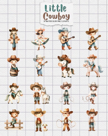 Kit Digital Cowboy e Cowgirl Aquarela #1 Png Premium