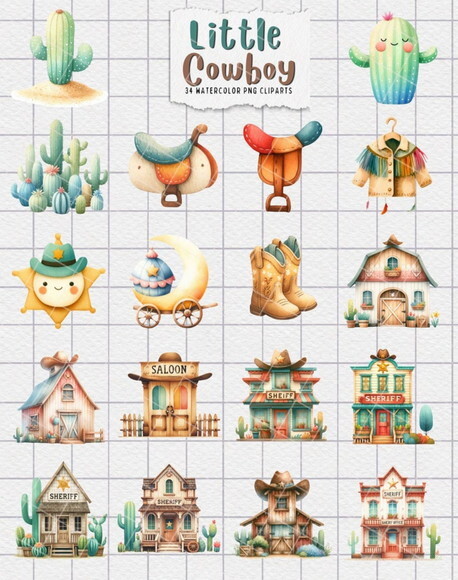 Kit Digital Cowboy e Cowgirl Aquarela #1 Png Premium