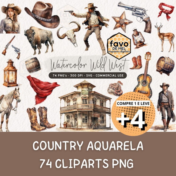 Kit Digital Cowboy e Cowgirl Aquarela #4 Png (pague 1 Leve 5