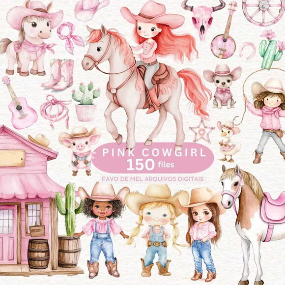 Kit Digital Cowgirl Aquarela Rosa #48 Png Premium